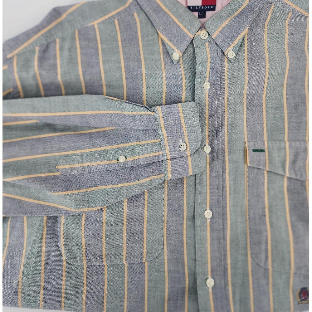 Tommy Hilfiger Mens Large Striped Button Down Shirt Blue Yellow Long Sleeve L